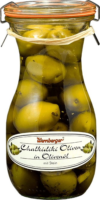 Chalkidiki Oliven mit Knoblauch in Oliven-Öl