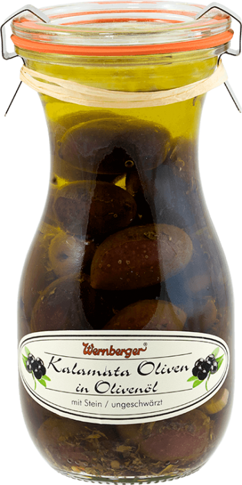 Kalamata Oliven mit Knoblauch in Oliven-Öl